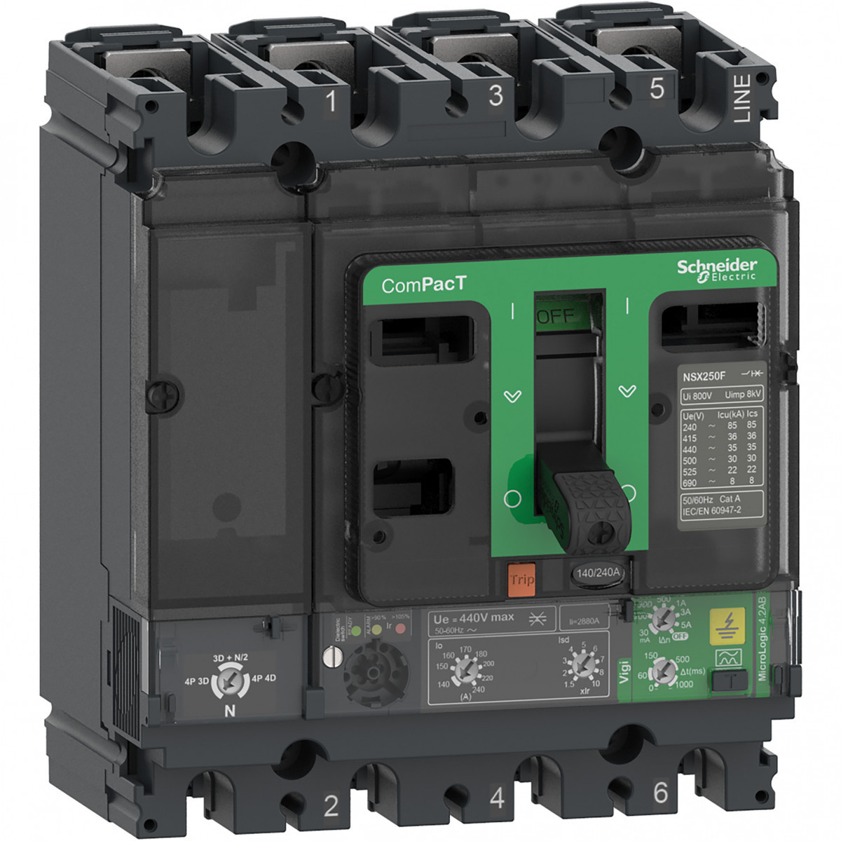 Schneider Electric ComPacT NSX, new generation Compact - vermogenschakelaar - NSX100F - 36ka - ac - 4P4D - 100a - 4.2