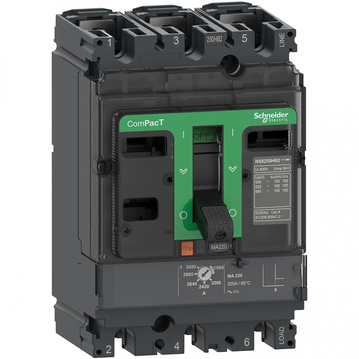 Schneider Electric ComPacT NSX, new generation Compact - vermogenschakelaar - NSX250H - 70ka - ac - 3P3D - 220a - ma