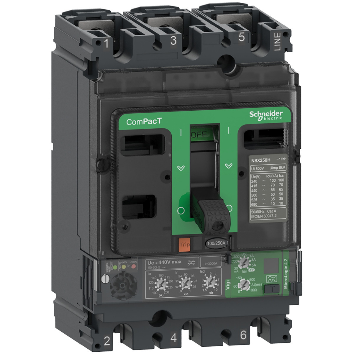 Schneider Electric ComPacT NSX, new generation Compact - vermogenschakelaar - NSX250H - 70ka - ac - 3P3D - 250a - 4.2