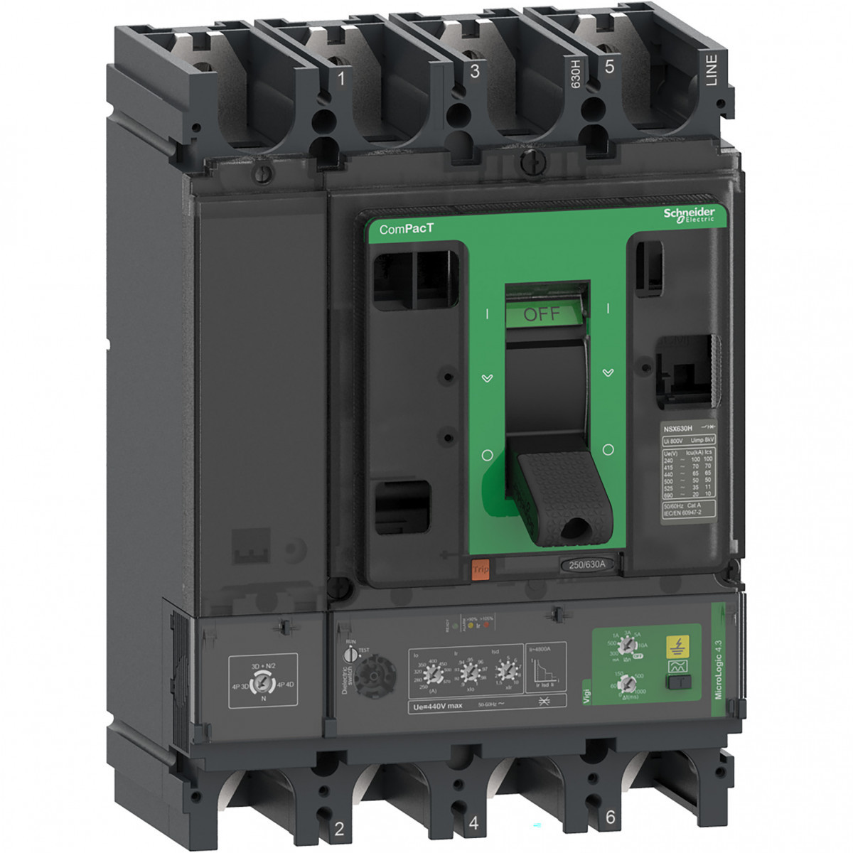Schneider Electric ComPacT NSX, new generation Compact - vermogenschakelaar - NSX630F - 36ka - ac - 4P4D - 570a - 4.3
