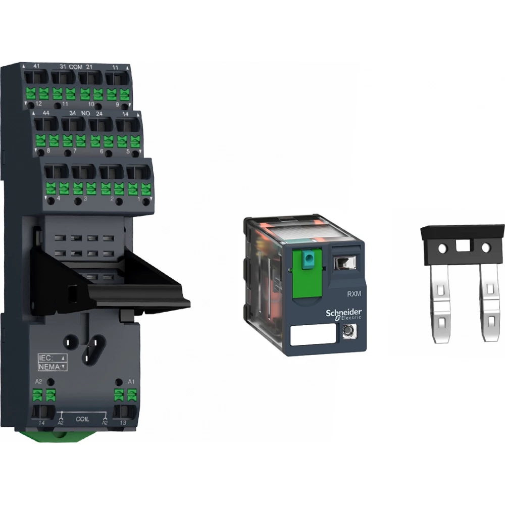 Schneider Electric complete harmony relais set met RXM insteekrelais 24V DC 6a push-in aansluitvoet en doorverbind strip 2 polen