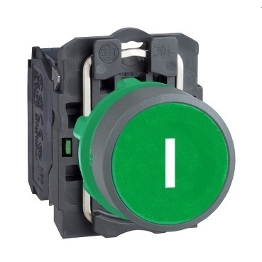 Schneider Electric Harmony XB5 Green Flush pushbutton white marked "i" 1no screw CL CP grey