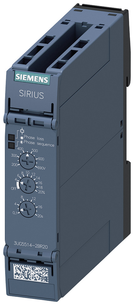 Siemens Analoog instelbaar bewakingsrelais faseuitval- fasevolgorde- asymmetrie en onderspanningsbewaking 3X 160-690vac 15-70HZ 2 wisselcontacten veerklemaansluiting