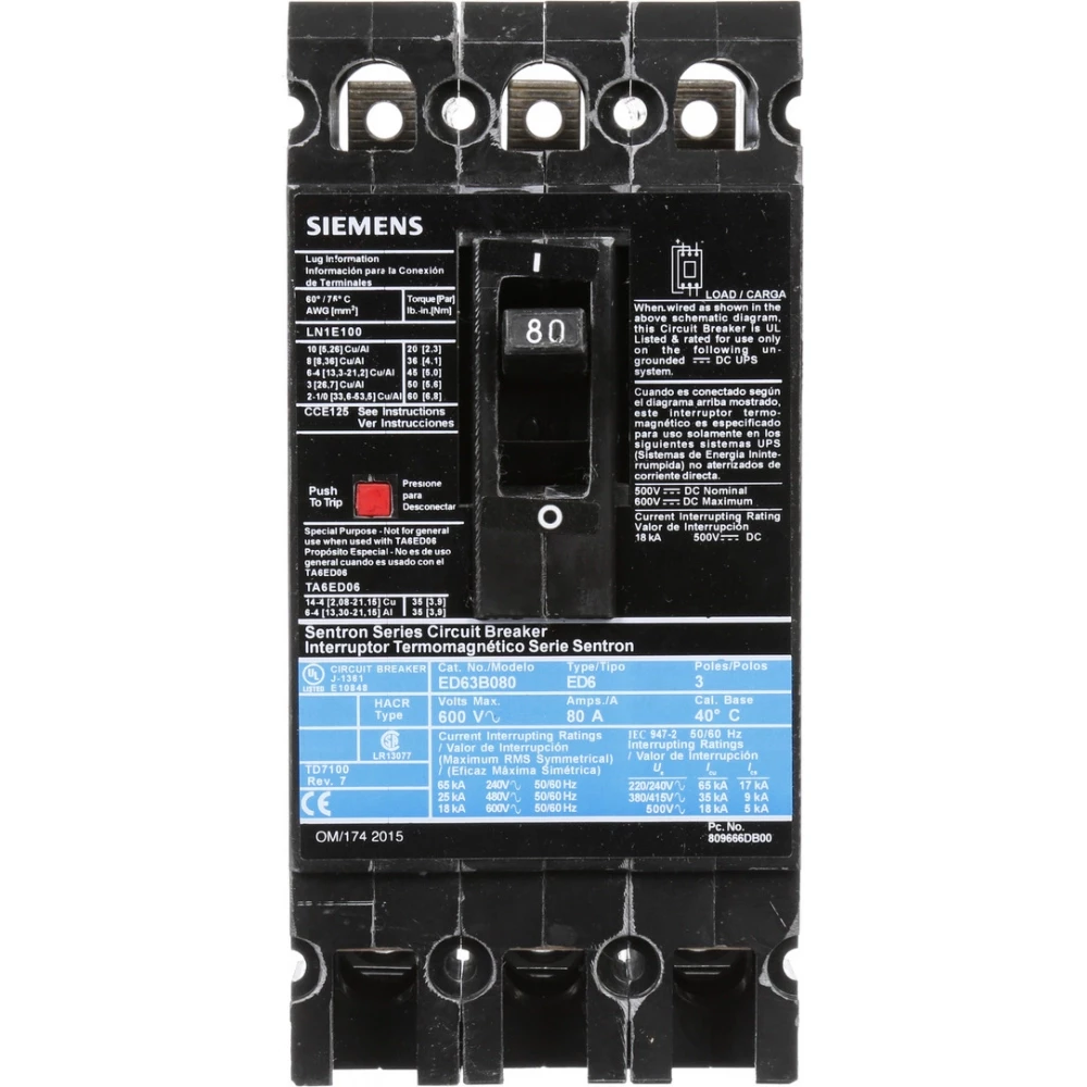 Siemens Breaker ed 3P 80a 600V 18ka 50C LD lug ed63m080 80a C.B. 50C I.T.E.siemens breaker TM