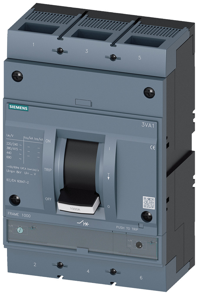 Siemens Circuit Breaker, iec, frame 1000, 800 A, 3-pole, 70 ka, TM, atam, nut