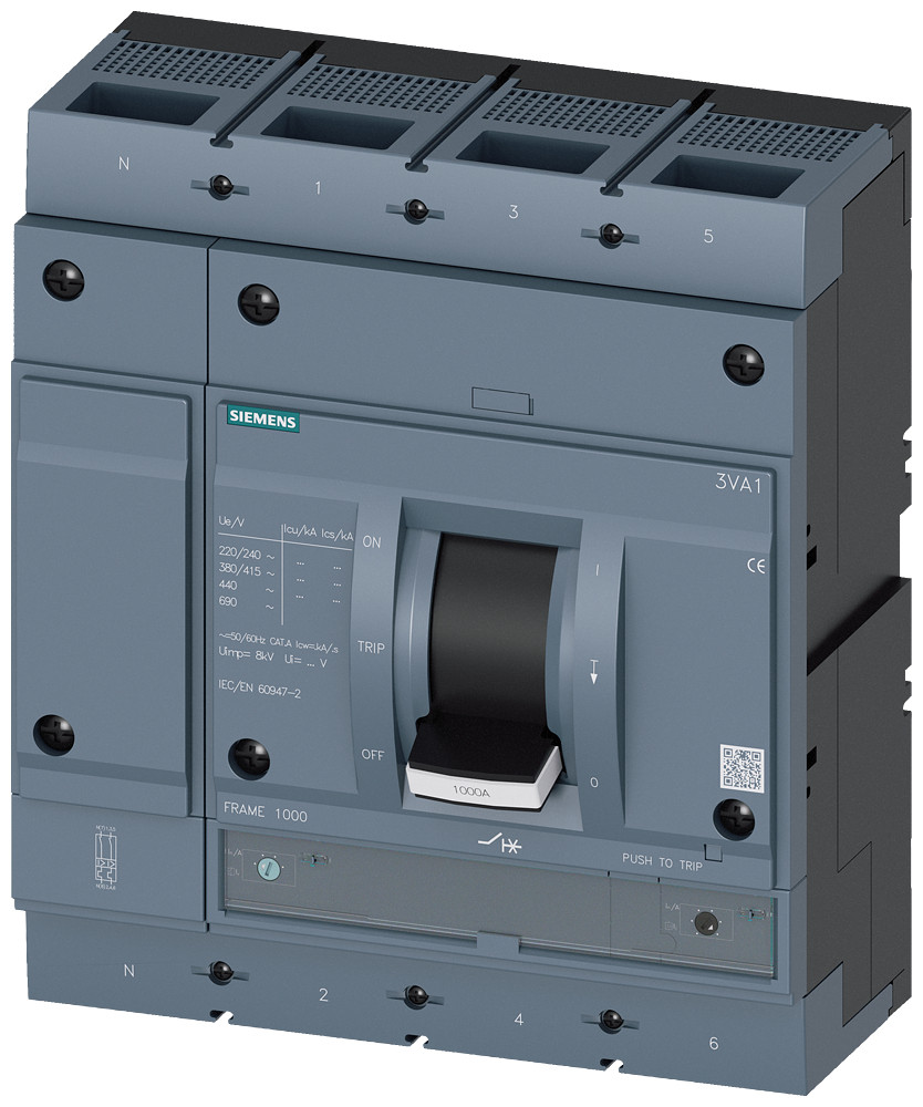 Siemens SENTRON 3VA1 Vermogensschakelaar, iec, frame 1000, 800 A, 4-polig, 70 ka, TM, atam,