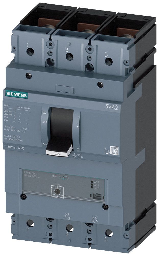 Siemens Circuit Breaker, iec, frame 630, 3-pole, 200 ka, etu310m, I, nut keepe