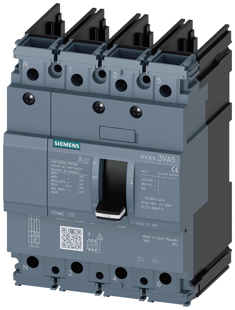 Siemens SENTRON 3VA5 Vermogensschakelaar, ul, frame 125, 45 A, 4-polig, 65 ka, TM, FTFM, zo