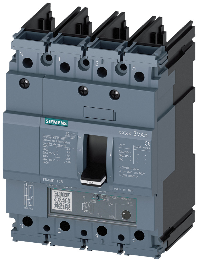 Siemens SENTRON 3VA5 Vermogensschakelaar, ul, frame 125, 25 A, 4-polig, 25 ka, TM, ftam, zo
