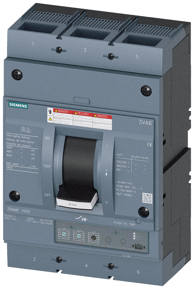 Siemens SENTRON 3VA6 Vermogensschakelaar, ul, frame 800, 800 A, 3-polig, 35 ka, etu3, li, P