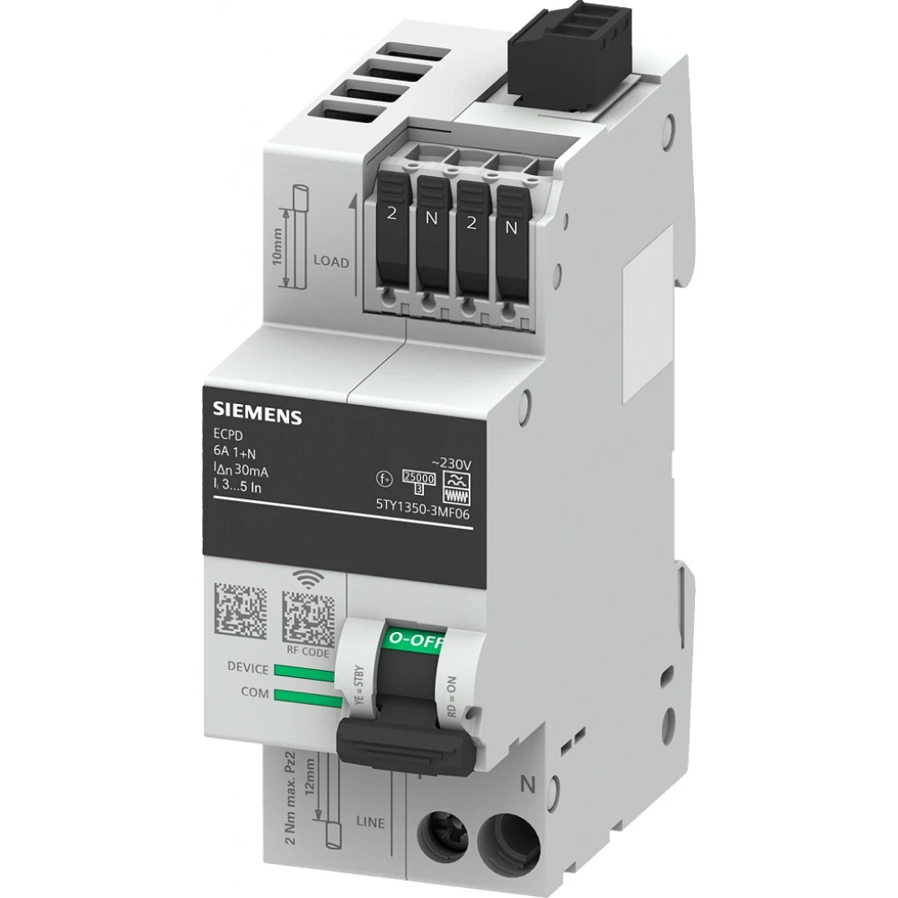 Siemens Ecpd met meet-& communicatiefunctionaliteit in: 2a tot 6a un: 230vac 75ka aardlektype F 30ma 1+N in 2 MB
