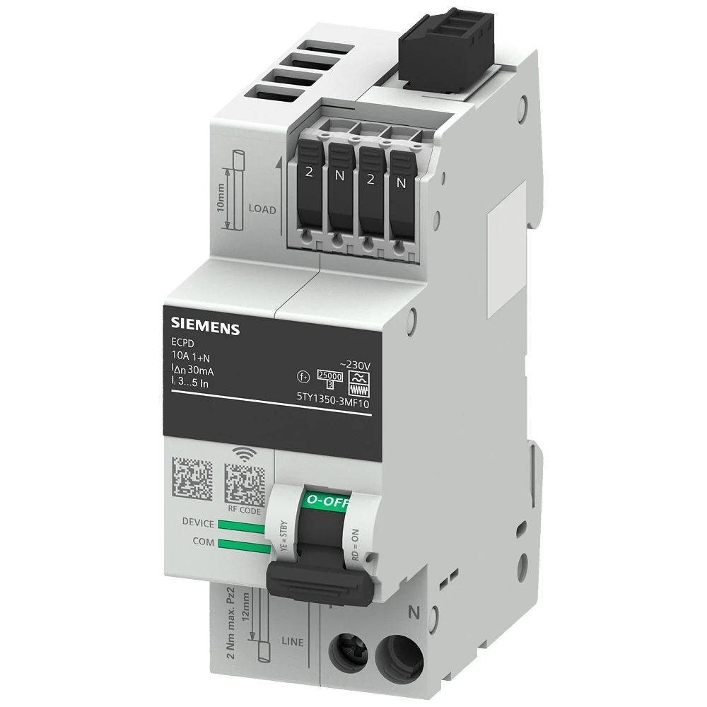 Siemens Ecpd met meet-& communicatiefunctionaliteit in: 6a tot 10a un: 230vac 75ka aardlektype F 30ma 1+N in 2 MB