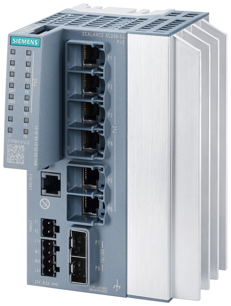 Siemens SCALANCE XC206-2G PoE Scalance XC206-2G poe, managed layer 2 switch, 6X RJ45 poe, 2X SFP+