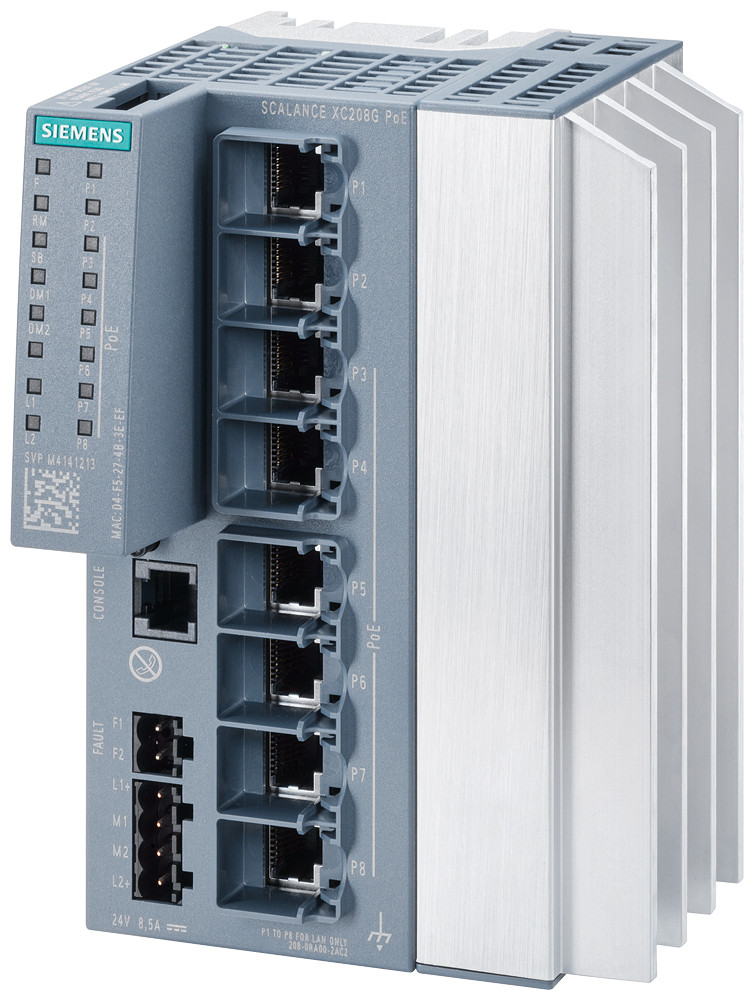 Siemens Scalance XC208G poe (24 V DC), managed layer 2 switch, 6X RJ45 poe, 2X