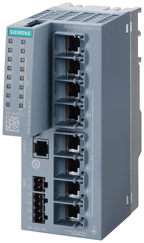 Siemens SCALANCE XC208G PoE (DC 54V) Scalance XC208G poe (DC 54 V), managed layer 2 switch, 6X RJ45 poe, 2X