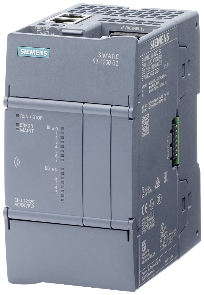 Siemens Simatic S7-1200 G2: compact cpu 1212C DC/DC/DC; power supply: DC 20.4-28.8 V DC; onboard I/o: 8X di 24 V DC; 6X do 24 V DC; memory: program 150 KB data: 500 KB retentivity: 20 KB
