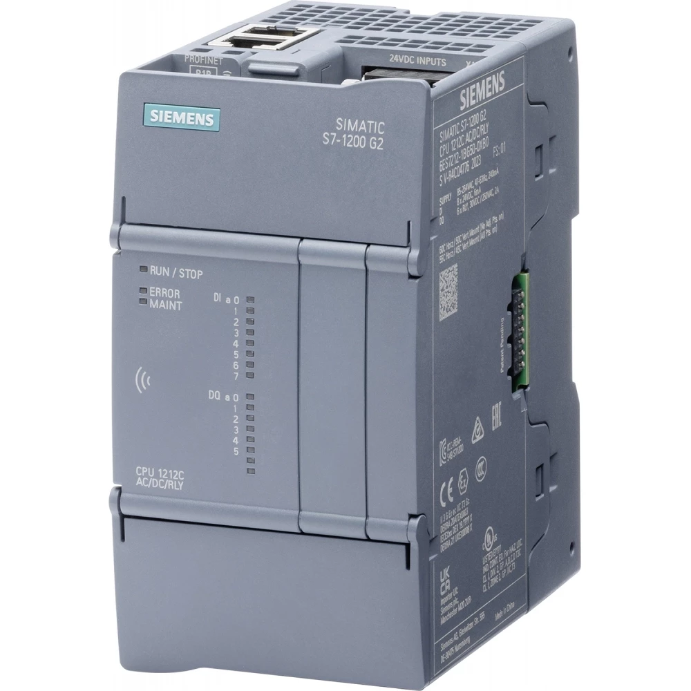 Siemens Simatic S7-1200 G2: compact cpu 1212C DC/DC/DC; power supply: DC 20.4-28.8 V DC; onboard I/o: 8X di 24 V DC; 6X do 24 V DC; memory: program 150 KB data: 500 KB retentivity: 20 KB