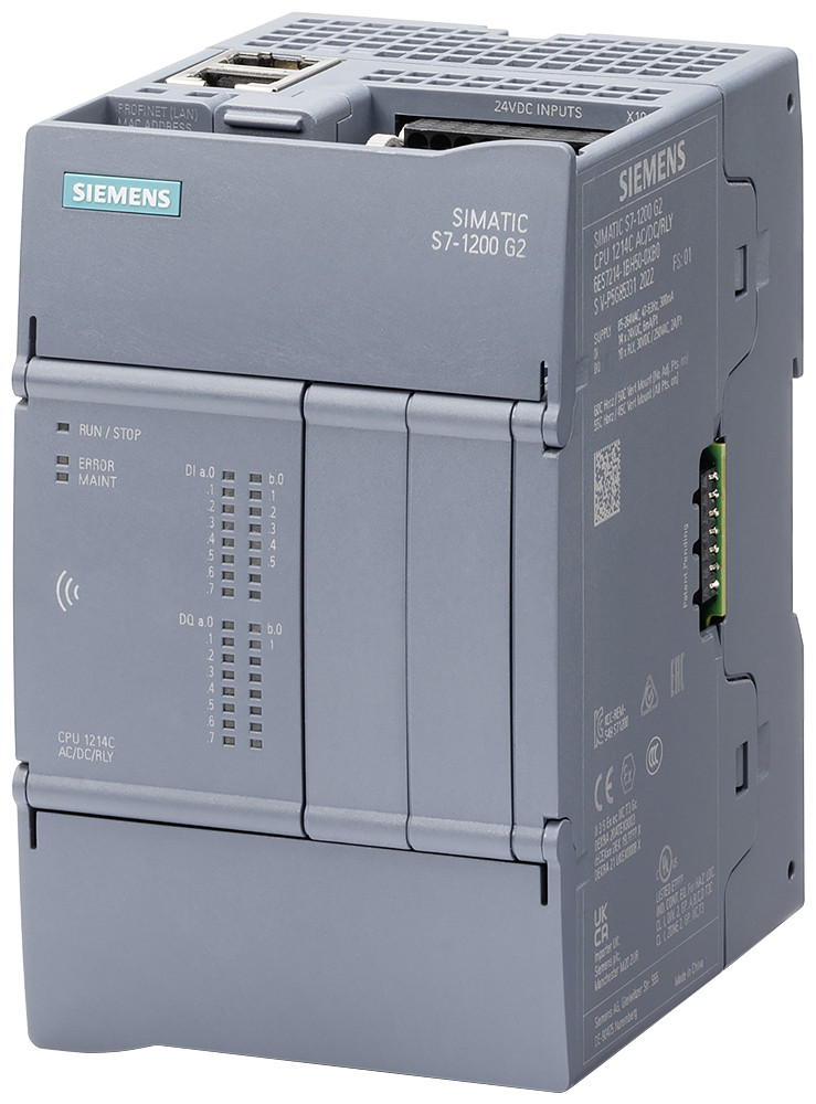 Siemens Simatic S7-1200 G2: compact cpu 1214C ac/DC/RLY; power supply: ac 85-264 V ac at 47-63 HZ; onboard I/o: 14X di 24 V DC; 10 do relay 2 a; memory: program 250 KB data: 750 KB retentivity: 20 KB