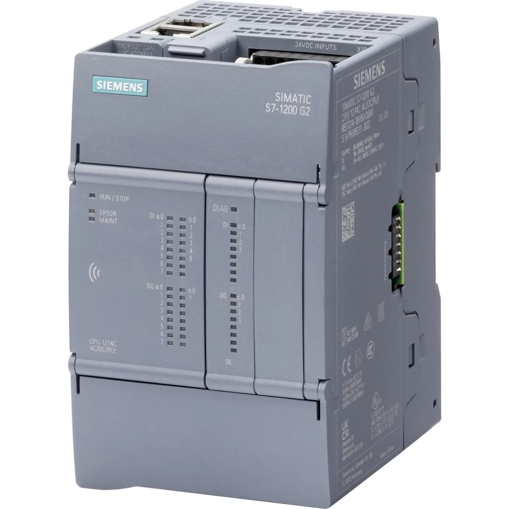 Siemens Simatic S7-1200 G2: compact cpu 1214C DC/DC/DC; power supply: DC 20.4-28.8 V DC; onboard I/o: 14X di 24 V DC; 10 do 24 V DC; memory: program 250 KB data: 750 KB retentivity: 20 KB