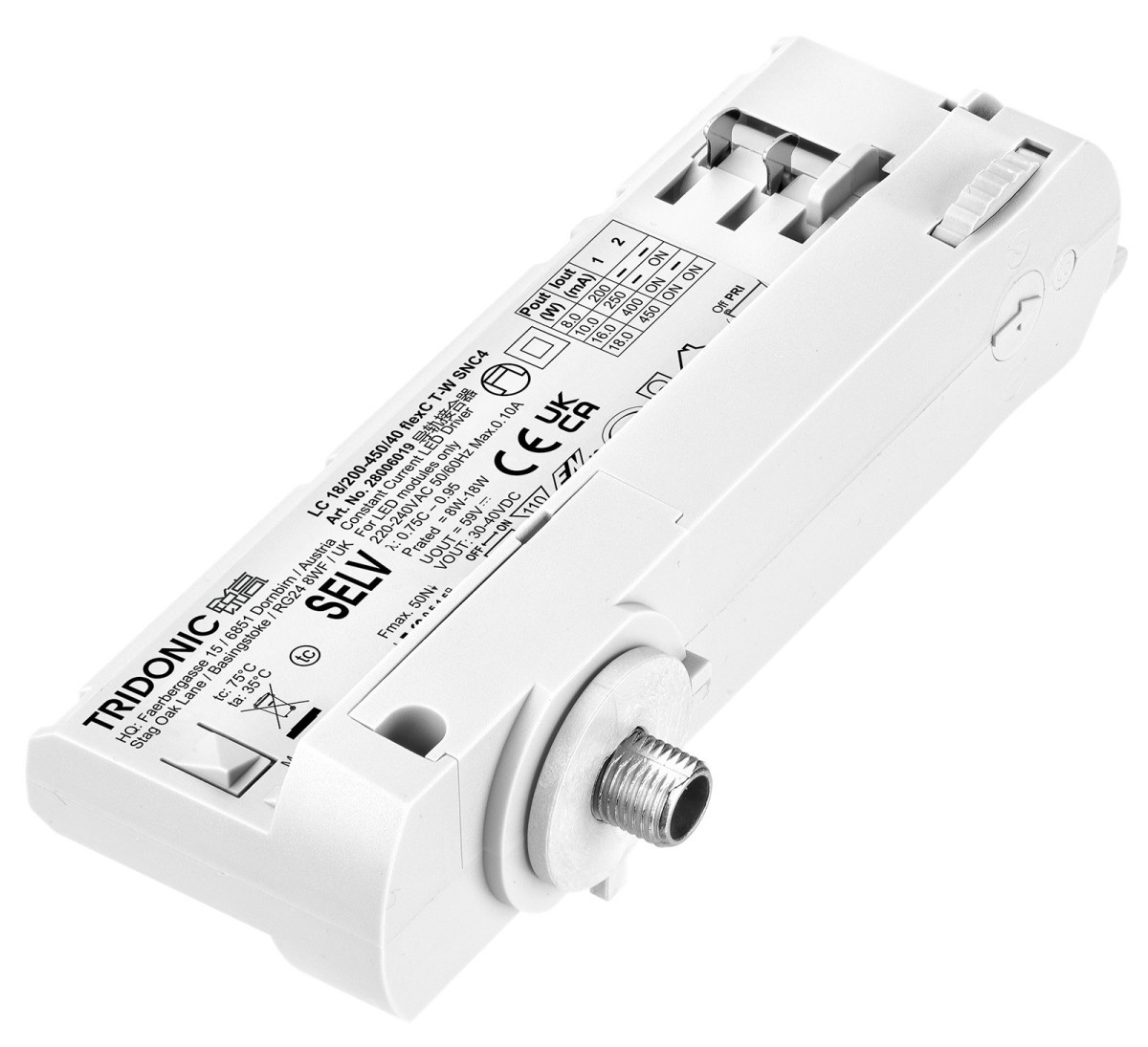 Tridonic LED Drivers In-Track Fixed Output LC 18/200-450/40 flexc T-W SNC4