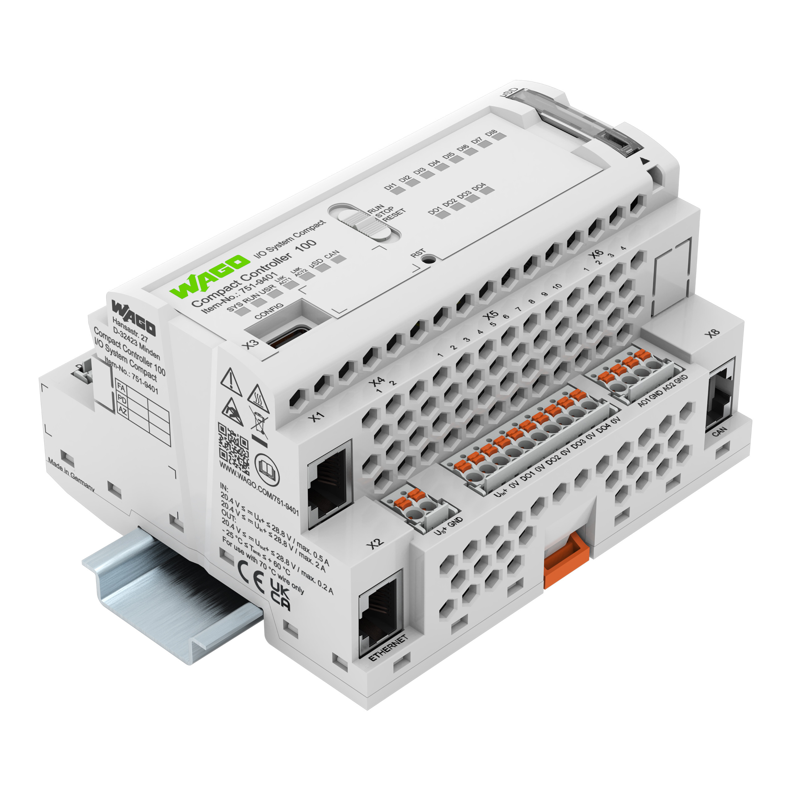 Wago Serie 751 Compact Controller 100 8di 4do 2ai 2ao 2ni1k/PT1K 1RS485 2 X ethernet,