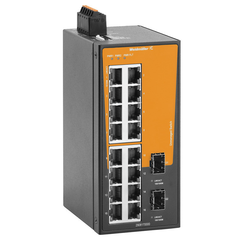 Weidmuller Industrial Ethernet Network Switch, unmanaged, fast/gigabit ethernet, 16X RJ45, 2X 100/100