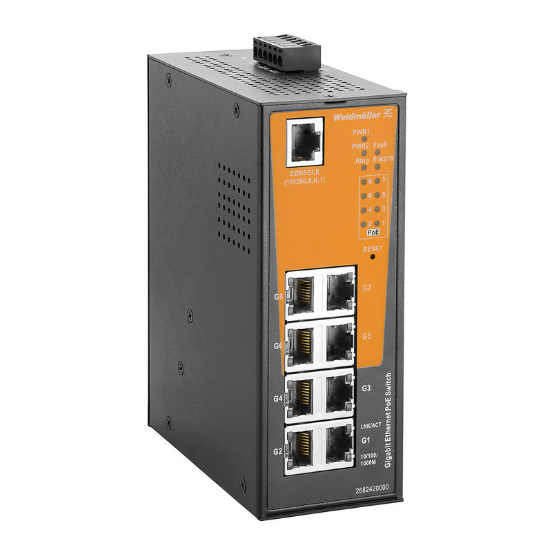 Weidmuller Industrial Ethernet Network Switch, managed poe, gigabit ethernet, 8X RJ45 10/100/1000 bas