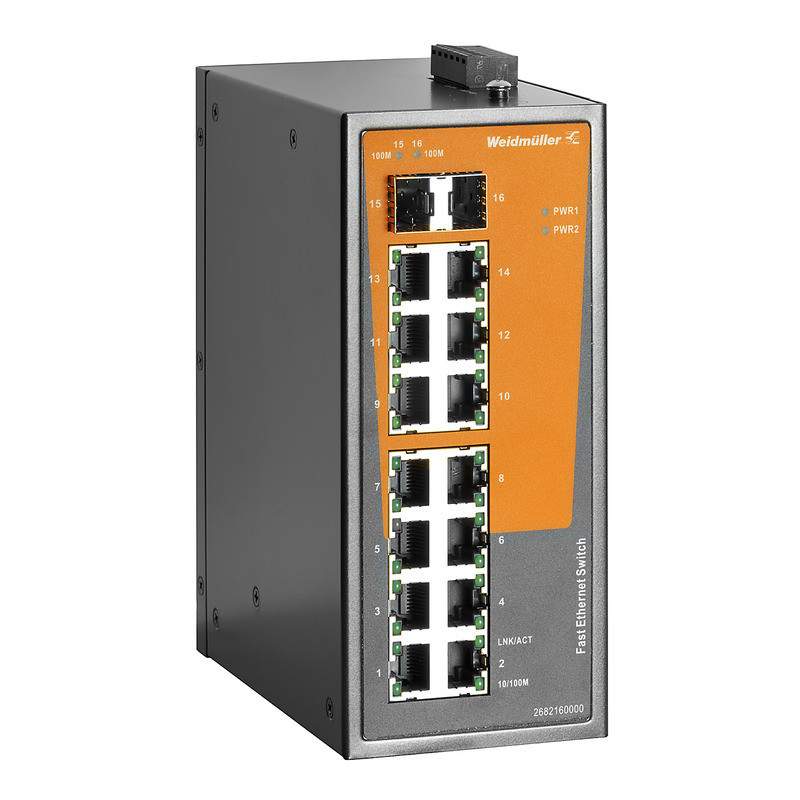 Weidmuller Industrial Ethernet Network Switch, unmanaged, fast ethernet, 14X RJ45, 2X slots 100basesf