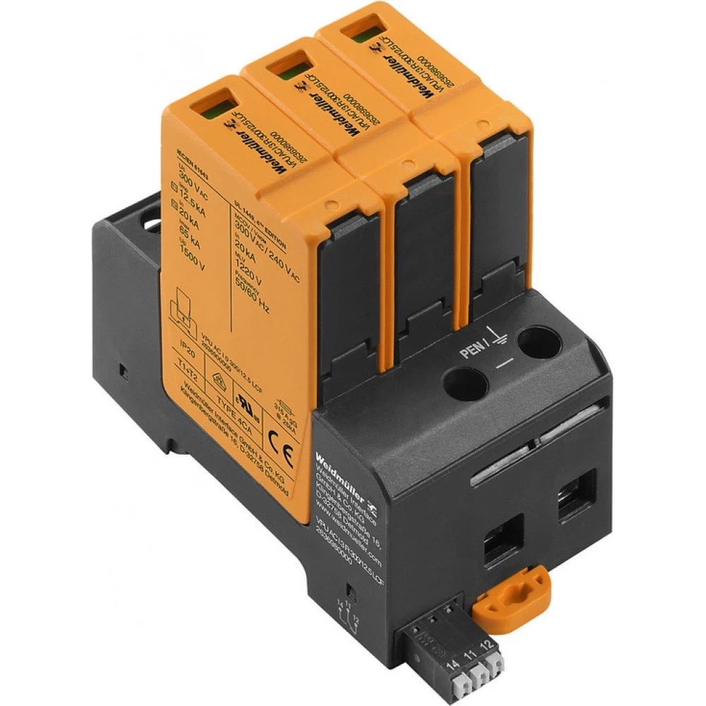 Weidmuller VPU series Combined Surge arrester ac (type 1+2), mains voltage: 230 V / 400 V, L